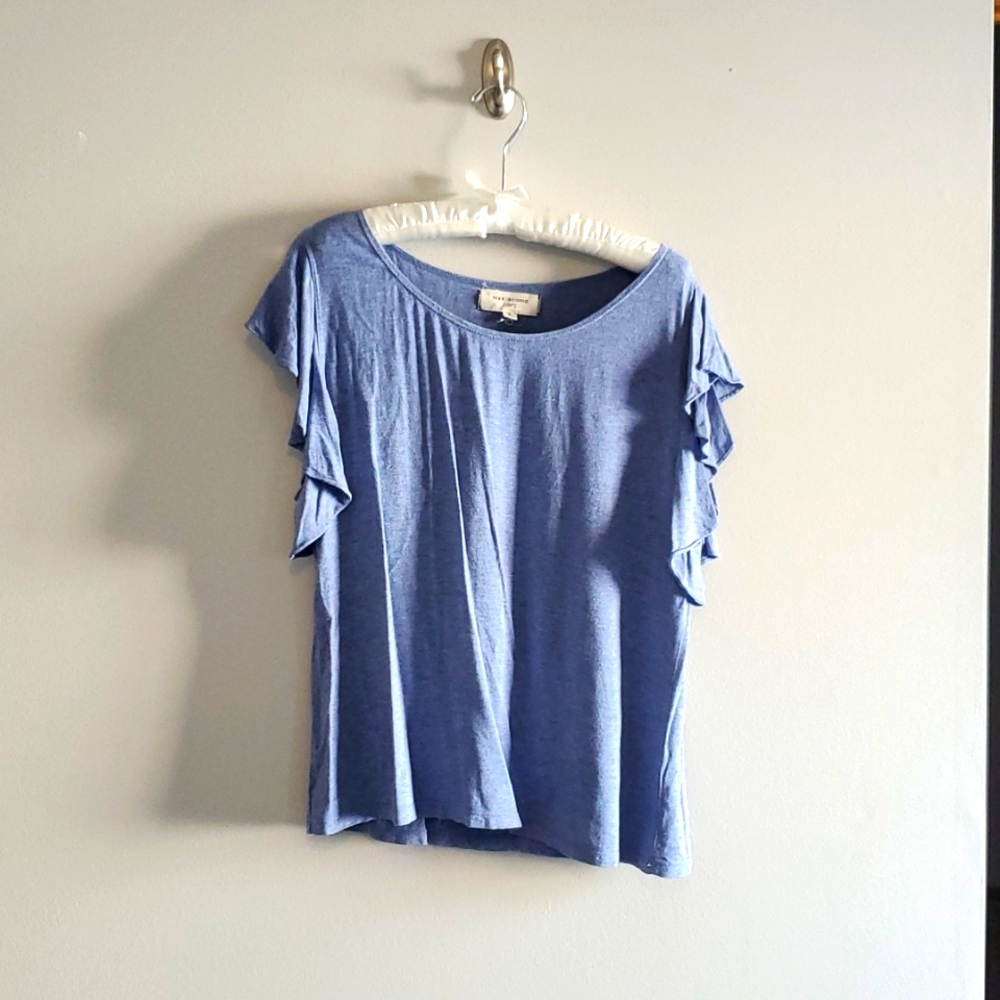 Max Studio XL Blue Tee with Ruffle Sleeves
